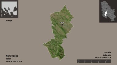 Sırbistan 'ın Moravicki ilçesi ve başkenti. Uzaklık ölçeği, ön gösterimler ve etiketler. Uydu görüntüleri. 3B görüntüleme