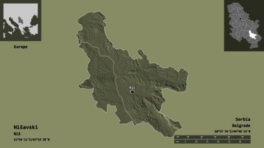 Sırbistan 'ın Nisavski ilçesi ve başkenti. Uzaklık ölçeği, ön gösterimler ve etiketler. Renkli yükseklik haritası. 3B görüntüleme