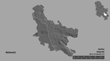 Sırbistan 'ın Nisavski semti, başkenti sağlam bir zemin üzerinde izole edilmiş durumda. Uzaklık ölçeği, bölge önizlemesi ve etiketleri. Çift seviyeli yükseklik haritası. 3B görüntüleme