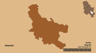 Sırbistan 'ın Nisavski semti, başkenti sağlam bir zemin üzerinde izole edilmiş durumda. Uzaklık ölçeği, bölge önizlemesi ve etiketleri. Desenli dokuların bileşimi. 3B görüntüleme