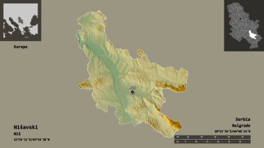 Sırbistan 'ın Nisavski ilçesi ve başkenti. Uzaklık ölçeği, ön gösterimler ve etiketler. Topografik yardım haritası. 3B görüntüleme