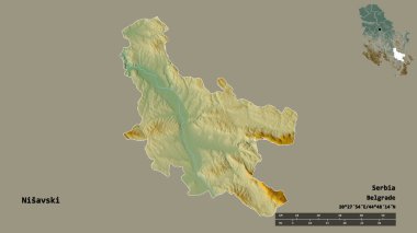 Sırbistan 'ın Nisavski semti, başkenti sağlam bir zemin üzerinde izole edilmiş durumda. Uzaklık ölçeği, bölge önizlemesi ve etiketleri. Topografik yardım haritası. 3B görüntüleme