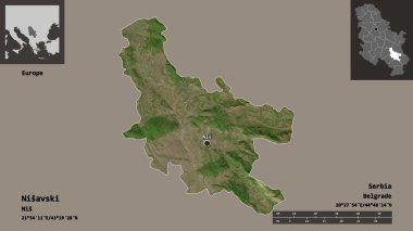 Sırbistan 'ın Nisavski ilçesi ve başkenti. Uzaklık ölçeği, ön gösterimler ve etiketler. Uydu görüntüleri. 3B görüntüleme