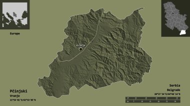 Sırbistan 'ın Pcinjski ilçesi ve başkenti. Uzaklık ölçeği, ön gösterimler ve etiketler. Renkli yükseklik haritası. 3B görüntüleme