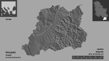 Sırbistan 'ın Pcinjski ilçesi ve başkenti. Uzaklık ölçeği, ön gösterimler ve etiketler. Çift seviyeli yükseklik haritası. 3B görüntüleme
