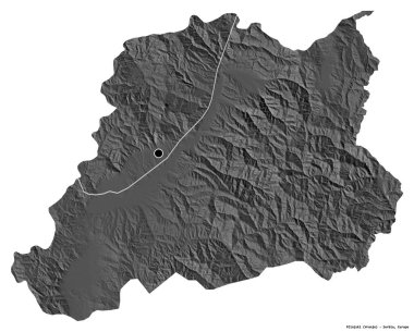 Sırbistan 'ın Pcinjski ilçesi, başkenti beyaz arka planda izole edilmiş durumda. Çift seviyeli yükseklik haritası. 3B görüntüleme