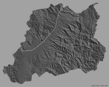 Sırbistan 'ın Pcinjski ilçesi, başkenti katı renk arka planına izole edilmiş durumda. Çift seviyeli yükseklik haritası. 3B görüntüleme