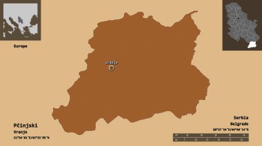 Sırbistan 'ın Pcinjski ilçesi ve başkenti. Uzaklık ölçeği, ön gösterimler ve etiketler. Desenli dokuların bileşimi. 3B görüntüleme