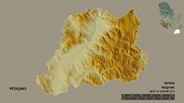 Sırbistan 'ın Pcinjski ilçesi, başkenti sağlam bir zemin üzerinde izole edilmiş durumda. Uzaklık ölçeği, bölge önizlemesi ve etiketleri. Topografik yardım haritası. 3B görüntüleme