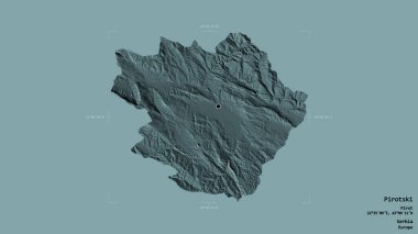 Sırbistan 'ın Pirotski ilçesi bölgesi, jeoreferatlı bir sınır kutusunun sağlam bir arka planında izole edilmiş durumda. Etiketler. Renkli yükseklik haritası. 3B görüntüleme
