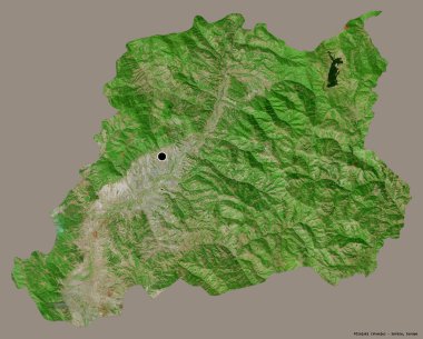 Sırbistan 'ın Pcinjski ilçesi, başkenti katı renk arka planına izole edilmiş durumda. Uydu görüntüleri. 3B görüntüleme