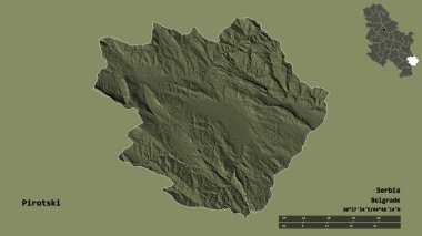 Sırbistan 'ın Pirotski ilçesinin başkenti sağlam bir zemin üzerinde izole edilmiş durumda. Uzaklık ölçeği, bölge önizlemesi ve etiketleri. Renkli yükseklik haritası. 3B görüntüleme