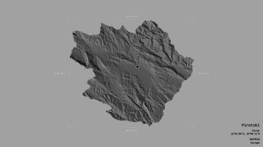 Sırbistan 'ın Pirotski ilçesi bölgesi, jeoreferatlı bir sınır kutusunun sağlam bir arka planında izole edilmiş durumda. Etiketler. Çift seviyeli yükseklik haritası. 3B görüntüleme