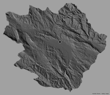 Sırbistan 'ın Pirotski ilçesi, başkenti katı renk arka planına izole edilmiş durumda. Çift seviyeli yükseklik haritası. 3B görüntüleme