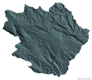Sırbistan 'ın Pirotski ilçesi, başkenti beyaz arka planda izole edilmiş. Renkli yükseklik haritası. 3B görüntüleme
