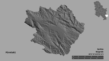 Sırbistan 'ın Pirotski ilçesinin başkenti sağlam bir zemin üzerinde izole edilmiş durumda. Uzaklık ölçeği, bölge önizlemesi ve etiketleri. Çift seviyeli yükseklik haritası. 3B görüntüleme