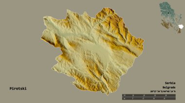 Sırbistan 'ın Pirotski ilçesinin başkenti sağlam bir zemin üzerinde izole edilmiş durumda. Uzaklık ölçeği, bölge önizlemesi ve etiketleri. Topografik yardım haritası. 3B görüntüleme