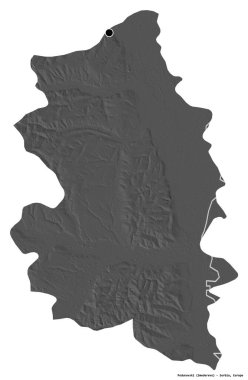 Sırbistan 'ın Podunavski ilçesi, başkenti beyaz arka planda izole edilmiş. Çift seviyeli yükseklik haritası. 3B görüntüleme