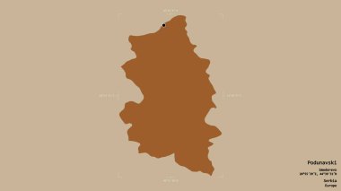 Sırbistan 'ın Podunavski ilçesi bölgesi, jeoreferatlı bir sınır kutusunun sağlam bir arka planında izole edilmiş durumda. Etiketler. Desenli dokuların bileşimi. 3B görüntüleme