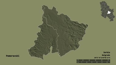 Sırbistan 'ın Pomoravski ilçesi, başkenti sağlam bir zemin üzerinde izole edilmiş durumda. Uzaklık ölçeği, bölge önizlemesi ve etiketleri. Renkli yükseklik haritası. 3B görüntüleme