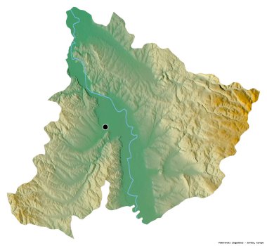 Sırbistan 'ın Pomoravski ilçesi, başkenti beyaz arka planda izole edilmiş. Topografik yardım haritası. 3B görüntüleme