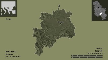 Rasinski 'nin şekli, Sırbistan ilçesi ve başkenti. Uzaklık ölçeği, ön gösterimler ve etiketler. Renkli yükseklik haritası. 3B görüntüleme