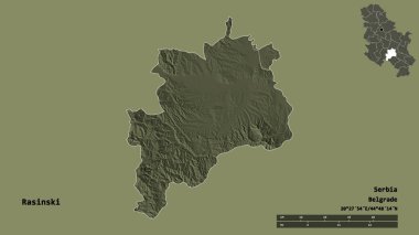 Sırbistan 'ın Rasinski semti, başkenti sağlam bir zemin üzerinde izole edilmiş durumda. Uzaklık ölçeği, bölge önizlemesi ve etiketleri. Renkli yükseklik haritası. 3B görüntüleme