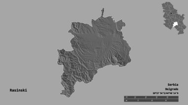 Sırbistan 'ın Rasinski semti, başkenti sağlam bir zemin üzerinde izole edilmiş durumda. Uzaklık ölçeği, bölge önizlemesi ve etiketleri. Çift seviyeli yükseklik haritası. 3B görüntüleme