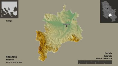 Rasinski 'nin şekli, Sırbistan ilçesi ve başkenti. Uzaklık ölçeği, ön gösterimler ve etiketler. Topografik yardım haritası. 3B görüntüleme