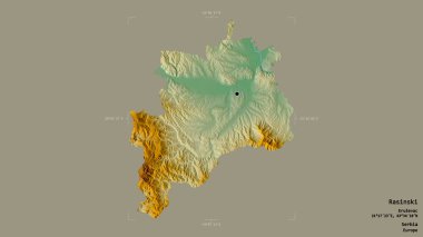 Sırbistan 'ın Rasinski ilçesi bölgesi, jeoreferatlı bir sınır kutusunun sağlam bir arka planında izole edilmiş durumda. Etiketler. Topografik yardım haritası. 3B görüntüleme