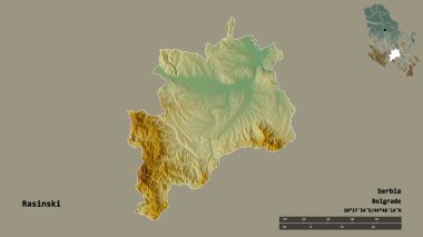 Sırbistan 'ın Rasinski semti, başkenti sağlam bir zemin üzerinde izole edilmiş durumda. Uzaklık ölçeği, bölge önizlemesi ve etiketleri. Topografik yardım haritası. 3B görüntüleme