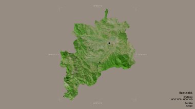 Sırbistan 'ın Rasinski ilçesi bölgesi, jeoreferatlı bir sınır kutusunun sağlam bir arka planında izole edilmiş durumda. Etiketler. Uydu görüntüleri. 3B görüntüleme