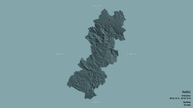 Sırbistan 'ın Raski ilçesi bölgesi, jeoreferatlı bir sınır kutusunun sağlam bir arka planında izole edilmiş durumda. Etiketler. Renkli yükseklik haritası. 3B görüntüleme