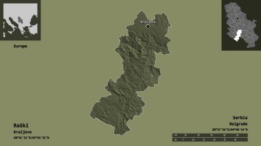 Raski 'nin şekli, Sırbistan ilçesi ve başkenti. Uzaklık ölçeği, ön gösterimler ve etiketler. Renkli yükseklik haritası. 3B görüntüleme