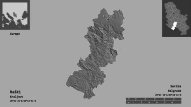 Raski 'nin şekli, Sırbistan ilçesi ve başkenti. Uzaklık ölçeği, ön gösterimler ve etiketler. Çift seviyeli yükseklik haritası. 3B görüntüleme