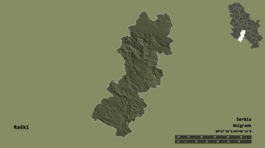 Sırbistan 'ın Raski semti, başkenti sağlam bir zemin üzerinde izole edilmiş durumda. Uzaklık ölçeği, bölge önizlemesi ve etiketleri. Renkli yükseklik haritası. 3B görüntüleme