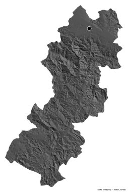Sırbistan 'ın Raski ilçesi, başkenti beyaz arka planda izole edilmiş. Çift seviyeli yükseklik haritası. 3B görüntüleme