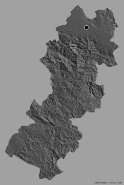 Sırbistan 'ın Raski ilçesi, başkenti katı renk arka planına izole edilmiş durumda. Çift seviyeli yükseklik haritası. 3B görüntüleme
