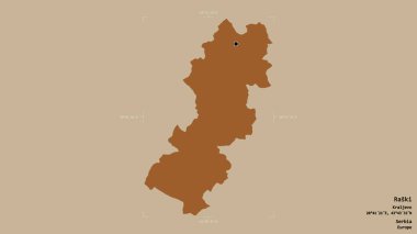 Sırbistan 'ın Raski ilçesi bölgesi, jeoreferatlı bir sınır kutusunun sağlam bir arka planında izole edilmiş durumda. Etiketler. Desenli dokuların bileşimi. 3B görüntüleme