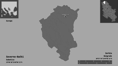 Severno-Backi 'nin şekli, Sırbistan ilçesi ve başkenti. Uzaklık ölçeği, ön gösterimler ve etiketler. Çift seviyeli yükseklik haritası. 3B görüntüleme
