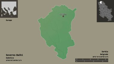 Severno-Backi 'nin şekli, Sırbistan ilçesi ve başkenti. Uzaklık ölçeği, ön gösterimler ve etiketler. Topografik yardım haritası. 3B görüntüleme