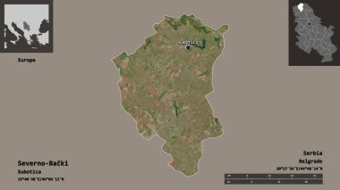 Severno-Backi 'nin şekli, Sırbistan ilçesi ve başkenti. Uzaklık ölçeği, ön gösterimler ve etiketler. Uydu görüntüleri. 3B görüntüleme