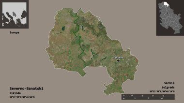 Severno-Banatski 'nin şekli, Sırbistan ilçesi ve başkenti. Uzaklık ölçeği, ön gösterimler ve etiketler. Uydu görüntüleri. 3B görüntüleme