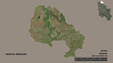 Sırbistan 'ın Severno-Banatski ilçesi, başkenti sağlam bir zemin üzerinde izole edilmiş durumda. Uzaklık ölçeği, bölge önizlemesi ve etiketleri. Uydu görüntüleri. 3B görüntüleme