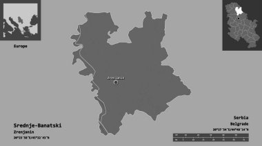 Sırbistan 'ın Srednje-Banatski ilçesi ve başkenti. Uzaklık ölçeği, ön gösterimler ve etiketler. Çift seviyeli yükseklik haritası. 3B görüntüleme