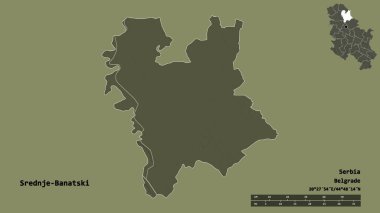 Sırbistan 'ın Srednje-Banatski ilçesinin başkenti sağlam bir zemine sahip. Uzaklık ölçeği, bölge önizlemesi ve etiketleri. Renkli yükseklik haritası. 3B görüntüleme
