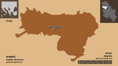 Sırbistan 'ın Sremski ilçesi ve başkenti. Uzaklık ölçeği, ön gösterimler ve etiketler. Desenli dokuların bileşimi. 3B görüntüleme