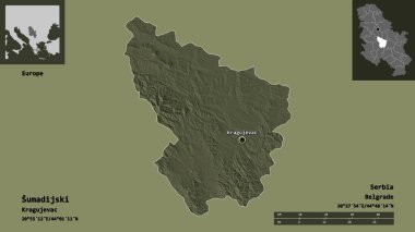 Sırbistan 'ın Sumadijski ilçesi ve başkenti. Uzaklık ölçeği, ön gösterimler ve etiketler. Renkli yükseklik haritası. 3B görüntüleme