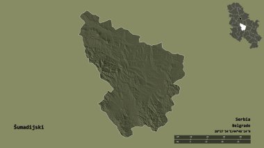 Sırbistan 'ın Sumadijski ilçesi, başkenti sağlam bir zemin üzerinde izole edilmiş durumda. Uzaklık ölçeği, bölge önizlemesi ve etiketleri. Renkli yükseklik haritası. 3B görüntüleme