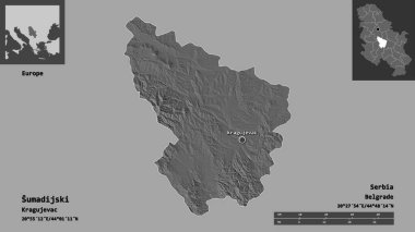 Sırbistan 'ın Sumadijski ilçesi ve başkenti. Uzaklık ölçeği, ön gösterimler ve etiketler. Çift seviyeli yükseklik haritası. 3B görüntüleme